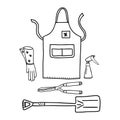 A set of gardening tools, rubber high gloves and an apron with pockets in doodle style on a white background.